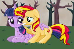 Size: 1151x769 | Tagged: safe, artist:majkashinoda626, sunset shimmer, twilight sparkle, twilight sparkle (alicorn), alicorn, pony, unicorn, bandage, bruised, cold compress patch, crying, female, hurt/comfort, injured, lesbian, patch, sad, shipping, smiling, sunsad shimmer, sunsetsparkle