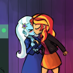 Size: 1000x1000 | Tagged: safe, artist:lumineko, sunset shimmer, trixie, equestria girls, rainbow rocks, blushing, female, kissing, lesbian, shipping, suntrix