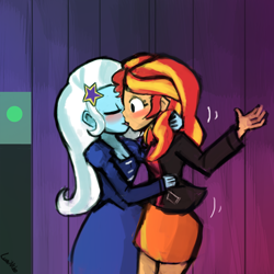 Size: 1000x1000 | Tagged: safe, artist:lumineko, sunset shimmer, trixie, equestria girls, rainbow rocks, blushing, female, kissing, lesbian, shipping, suntrix