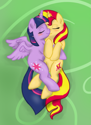 Size: 669x919 | Tagged: safe, artist:catlover1672, sunset shimmer, twilight sparkle, twilight sparkle (alicorn), alicorn, pony, unicorn, female, lesbian, shipping, snuggling, sunsetsparkle