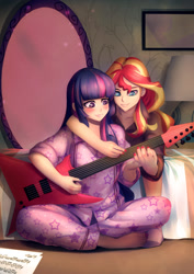 Size: 990x1400 | Tagged: safe, artist:bakki, sunset shimmer, twilight sparkle, equestria girls, barefoot, bed, bedroom, blushing, clothes, commission, electric guitar, feet, female, guitar, humanized, lamp, lesbian, mirror, nail polish, pajamas, shipping, sunsetsparkle, toenail polish, toes