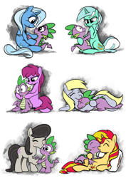 Size: 2215x3136 | Tagged: safe, artist:epulson, berry punch, berryshine, derpy hooves, lyra heartstrings, octavia melody, spike, sunset shimmer, trixie, dragon, earth pony, pegasus, pony, unicorn, berryspike, blushing, derpyspike, female, hug, interspecies, kissing, male, pillow, shipping, spike gets all the mares, spikelove, spiketavia, spixie, spyra, sunsetspike, tongue out, wide eyes