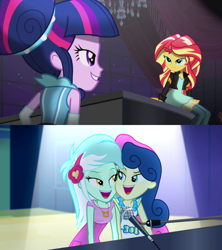 Size: 1280x1440 | Tagged: safe, screencap, bon bon, lyra heartstrings, sunset shimmer, sweetie drops, twilight sparkle, twilight sparkle (alicorn), equestria girls, friendship through the ages, rainbow rocks, female, lesbian, lidded eyes, lyrabon, piano, shipping