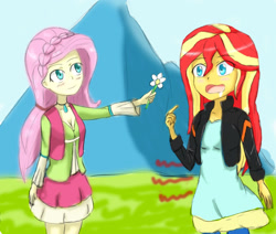 Size: 1360x1153 | Tagged: safe, artist:jumboz95, fluttershy, sunset shimmer, equestria girls, friendship through the ages, drool, female, flower, folk fluttershy, homesick shimmer, humans doing horse things, hungry, lesbian, shipping, sunset wants her old digestive system back, sunshyne