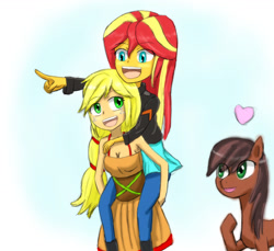 Size: 1303x1194 | Tagged: safe, artist:jumboz95, applejack, sunset shimmer, equestria girls, friendship through the ages, :d, ambiguous gender, appleshimmer, cleavage, country applejack, cute, female, heart, human female, humans riding humans, lesbian, lonestar, piggyback ride, ponified, shipping, sleeveless