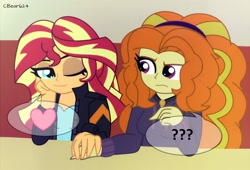 Size: 2104x1432 | Tagged: safe, artist:cbear624, adagio dazzle, sunset shimmer, equestria girls, female, heart, holding hands, lesbian, one eye closed, shipping, smiling, sunsagio, wink