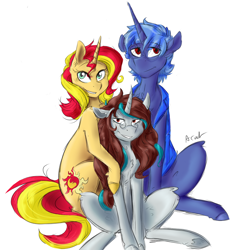 Size: 4000x4000 | Tagged: safe, artist:charly-meow, artist:noxvigil, artist:pxnxmbra, sunset shimmer, oc, oc:penelope sparks, oc:penumbra, pony, unicorn, canon x oc, family photo, female, looking at you, male, shipping, straight