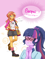 Size: 1000x1324 | Tagged: safe, artist:buryooooo, sci-twi, sunset shimmer, twilight sparkle, equestria girls, legend of everfree, female, lesbian, misspelling, notice me senpai, ponytail, scitwishimmer, senpai, shipping, sunsetsparkle