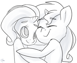 Size: 1044x859 | Tagged: safe, artist:lizzyoli-ravioli, sunset shimmer, trixie, pony, unicorn, female, hug, lesbian, monochrome, shipping, suntrix