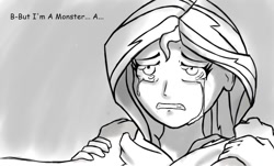 Size: 1024x619 | Tagged: safe, artist:ratherdevious, spike, sunset shimmer, human, crying, female, humanized, implied spike, male, monochrome, shipping, straight, sunsetspike