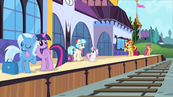 Size: 1920x1080 | Tagged: safe, artist:adcoon, coco pommel, scootaloo, sunset shimmer, sweetie belle, trixie, twilight sparkle, twilight sparkle (alicorn), alicorn, pony, female, lesbian, mare, shipping, train station, twixie