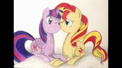 Size: 1191x670 | Tagged: safe, artist:thefriendlyelephant, sunset shimmer, twilight sparkle, twilight sparkle (alicorn), alicorn, pony, cheek to cheek, female, forgiveness, hoof on hoof, lesbian, mare, one eye closed, shipping, smiling, sunsetsparkle, traditional art