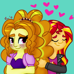 Size: 1000x1000 | Tagged: safe, artist:rivalcat, adagio dazzle, sunset shimmer, equestria girls, adagio dazzle gets around, blushing, female, heart, lesbian, shipping, sunsagio, thick eyebrows