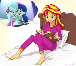 Size: 800x700 | Tagged: safe, artist:ta-na edits, bon bon, lyra heartstrings, sunset shimmer, sweetie drops, equestria girls, barefoot, clothes, exploitable meme, feet, female, journey book, lesbian, lyrabon, meme, pajamas, shipper on deck, shipping, sunset shipper, sunset's daydream