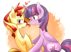 Size: 1146x840 | Tagged: safe, artist:gyaheung, sunset shimmer, twilight sparkle, twilight sparkle (alicorn), alicorn, pony, unicorn, blushing, female, heart, horns are touching, lesbian, open mouth, shipping, smiling, sunsetsparkle