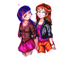 Size: 2000x1600 | Tagged: safe, artist:cosmicponye, sunset shimmer, twilight sparkle, equestria girls, female, heart, holding hands, humanized, lesbian, shipping, sunsetsparkle, traditional art