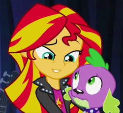 Size: 1096x1002 | Tagged: safe, edit, edited screencap, screencap, spike, sunset shimmer, dog, equestria girls, rainbow rocks, bedroom eyes, cute, female, hug, love, male, shipping, smiling, spike the dog, spikelove, straight, sunsetspike