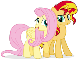 Size: 905x698 | Tagged: safe, artist:ezidze, derpibooru import, fluttershy, sunset shimmer, pegasus, pony, unicorn, female, lesbian, shipping, simple background, sunshyne, transparent background, vector