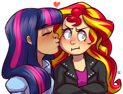 Size: 500x381 | Tagged: safe, artist:comikazia, sunset shimmer, twilight sparkle, equestria girls, female, heart, humanized, kissing, lesbian, shipping, sunsetsparkle