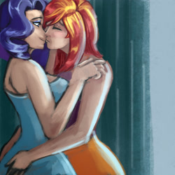 Size: 3000x3000 | Tagged: safe, artist:checkerboardazn, derpibooru import, rarity, sunset shimmer, human, eyes closed, female, hug, humanized, kissing, lesbian, shipping, smiling, sunsarity