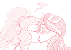 Size: 821x583 | Tagged: dead source, safe, artist:deadiifoozgo, adagio dazzle, sunset shimmer, equestria girls, rainbow rocks, blushing, female, kissing, lesbian, monochrome, shipping, simple background, sketch, sunsagio, white background