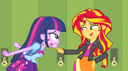 Size: 900x505 | Tagged: safe, artist:pixelkitties, edit, edited screencap, screencap, sunset shimmer, twilight sparkle, equestria girls, equestria girls (movie), female, it begins, kiss mark, lesbian, shipping, sunsetsparkle