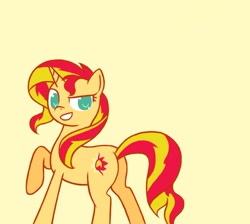 Size: 838x751 | Tagged: safe, artist:xxlunadmimixx, sunset shimmer, pony, colored pupils, looking back, no pupils, plot, raised hoof, simple background, smiling, solo, yellow background