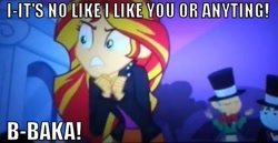 Size: 603x312 | Tagged: safe, snails, snips, sunset shimmer, equestria girls, equestria girls (movie), baka, grammar, image macro, tsundere, tsunset shimmer