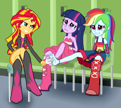 Size: 1067x954 | Tagged: safe, artist:asdf314159265, rainbow dash, sunset shimmer, twilight sparkle, equestria girls, equestria girls (movie), bare shoulders, barefoot, bondage, boots, chair, fall formal outfits, feet, high heel boots, lockers, sleeveless, strapless, tickling