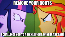 Size: 625x355 | Tagged: safe, sunset shimmer, twilight sparkle, equestria girls, equestria girls (movie), angry, image macro, tickle fight