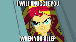 Size: 625x351 | Tagged: safe, edit, edited screencap, screencap, sunset shimmer, equestria girls, equestria girls (movie), >:d, bronybait, cute, daaaaaaaaaaaw, evil grin, grin, image macro, imma snuggle you, pure unfiltered evil, shimmerbetes, smiling, smirk, snuggling, solo