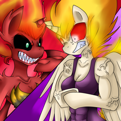 Size: 5000x5000 | Tagged: safe, artist:reneesdetermination, sunset satan, sunset shimmer, twilight sparkle, anthro, equestria girls, equestria girls (movie), abs, absurd resolution, angry, fire head, muscles, rage, rapidash, rapidash twilight, twilight muscle