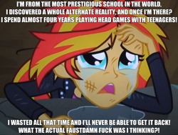 Size: 891x674 | Tagged: safe, edit, edited screencap, screencap, sunset shimmer, equestria girls, equestria girls (movie), breakdown, crying, despair, fridge logic, image macro, rant, solo, sunsad shimmer, sunset's terrible plan, truth, vulgar