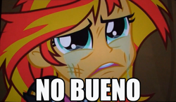 Size: 1163x678 | Tagged: safe, sunset shimmer, equestria girls, equestria girls (movie), image macro, sad, solo, spanish, sunsad shimmer