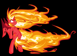 Size: 960x694 | Tagged: safe, artist:littlecloudie, sunset satan, sunset shimmer, pony, equestria girls, badass, bipedal, equestria girls ponified, fangs, fiery shimmer, fire, glowing eyes, mane of fire, ponified, solo, windswept mane