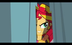 Size: 800x501 | Tagged: safe, artist:pixelkitties, edit, edited screencap, screencap, sunset shimmer, equestria girls, equestria girls (movie), axe, here's johnny, solo, the shining, weapon