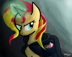 Size: 2150x1706 | Tagged: dead source, safe, artist:katrina-mae, sunset shimmer, pony, cape, clothes, hood, looking back, magic, solo