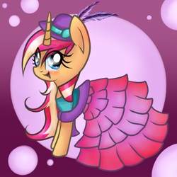 Size: 1000x1000 | Tagged: safe, artist:sasifrass, sunset shimmer, pony, unicorn, blushing, clothes, dress, happy, hat, solo