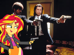 Size: 987x729 | Tagged: safe, sunset shimmer, equestria girls, equestria girls (movie), equestria girls will be better than fim, gun, handgun, john travolta, m1911, pistol, pulp fiction, samuel l jackson