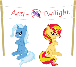 Size: 949x842 | Tagged: safe, artist:batmanbrony, sunset shimmer, trixie, twilight sparkle, twilight sparkle (alicorn), alicorn, pony, crossed arms, female, grin, mare, sign, simple background, transparent background