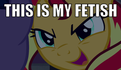 Size: 748x434 | Tagged: safe, edit, edited screencap, screencap, sunset shimmer, pony, caption, image macro, reaction image, that is my fetish