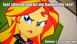 Size: 959x543 | Tagged: safe, screencap, sunset shimmer, equestria girls, equestria girls (movie), bronybait, caption, image macro, solo, tsundere, tsunset shimmer