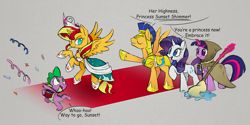 Size: 1295x646 | Tagged: safe, artist:hydro-king, derpibooru import, clover the clever, flash sentry, rarity, spike, sunset shimmer, twilight sparkle, unicorn twilight, alicorn, pegasus, pony, unicorn, alicornified, alternate universe, carpet, clothes, coronation, dress, element of magic, mop, princess, race swap, red carpet, shimmercorn