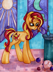 Size: 898x1215 | Tagged: safe, artist:madblackie, sunset shimmer, pony, banner, flask, pedestal, solo, traditional art