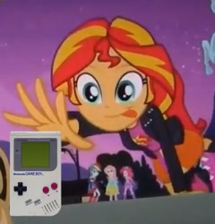 Size: 371x386 | Tagged: safe, edit, edited screencap, screencap, sunset shimmer, equestria girls, equestria girls (movie), cropped, game boy, meme, solo focus, sunset shimmer reaching for things, tongue out