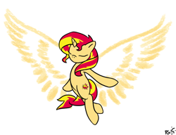 Size: 892x684 | Tagged: safe, artist:ransurround, sunset shimmer, pony, eyes closed, hilarious in hindsight, solo, sunset phoenix, wings