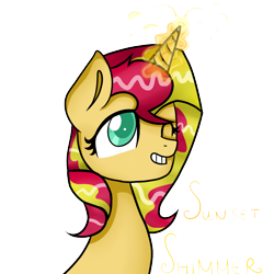 Size: 900x900 | Tagged: safe, artist:windbeauty, sunset shimmer, pony, bust, colored pupils, grin, magic, one eye closed, simple background, solo, transparent background, wink