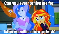 Size: 1414x813 | Tagged: safe, edit, edited screencap, screencap, princess luna, sunset shimmer, vice principal luna, equestria girls, equestria girls (movie), caption, cute, glorious grilled cheese, grilled cheese, image macro, puppy dog eyes, sandwich, shimmerbetes