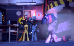 Size: 1680x1050 | Tagged: safe, artist:commanderjackshit, sunset shimmer, trixie, twilight sparkle, twilight sparkle (alicorn), alicorn, pony, 3d, counterparts, female, gas mask, gmod, magical trio, mare, twilight's counterparts