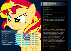 Size: 1100x800 | Tagged: safe, artist:pika-robo, sunset shimmer, pony, bio, profile, solo, text, ultimate marvel vs capcom 3